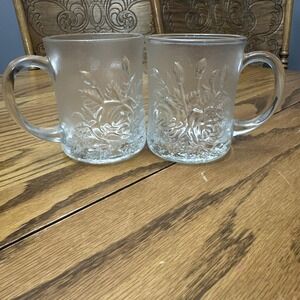 Vintage Livia by Pasari Crystal Clear Coffee Mug Cups Rose Design Set of 2